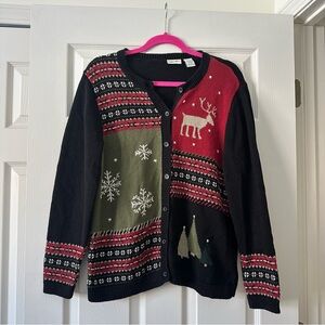 Vintage Cherokee Festive Holiday Black and Red Knit Cardigan!